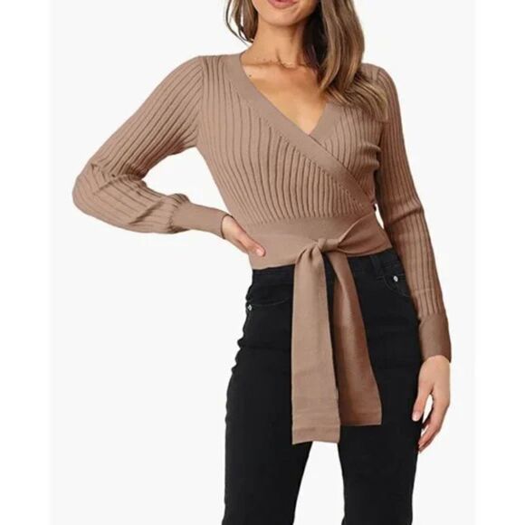 Khaki Ribbed Knit Tie Front V-Neck Long Sleeve Bodycon Belted Sweater Top Blouse - Picture 3 of 8